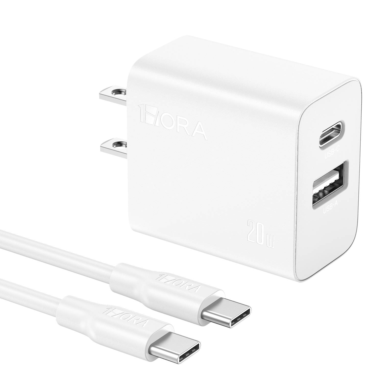 Fast 20W Dual-Port USB-C USB-A Wall Charger with Cable