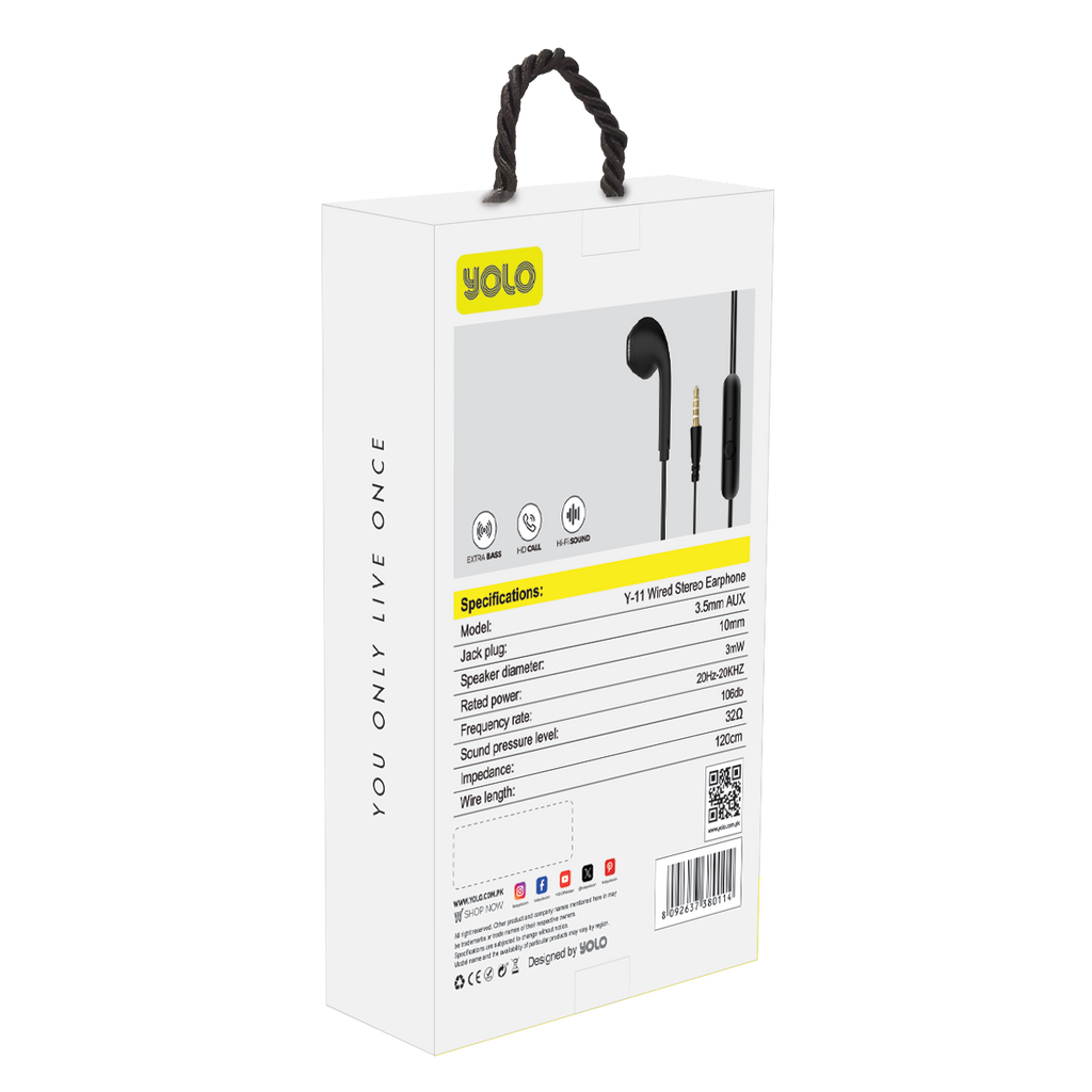 YOLO Y-11 Wired Stereo Earphones: Crystal Clear Audio, 47-inch AUX Cable