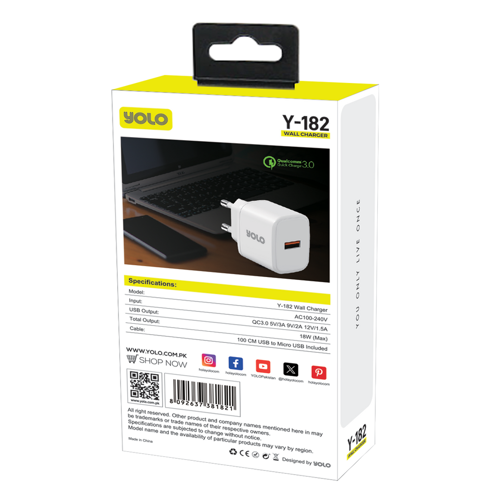 YOLO Y-182 Qualcomm 3.0 18W Fast Charger with Intelligent Chip Control
