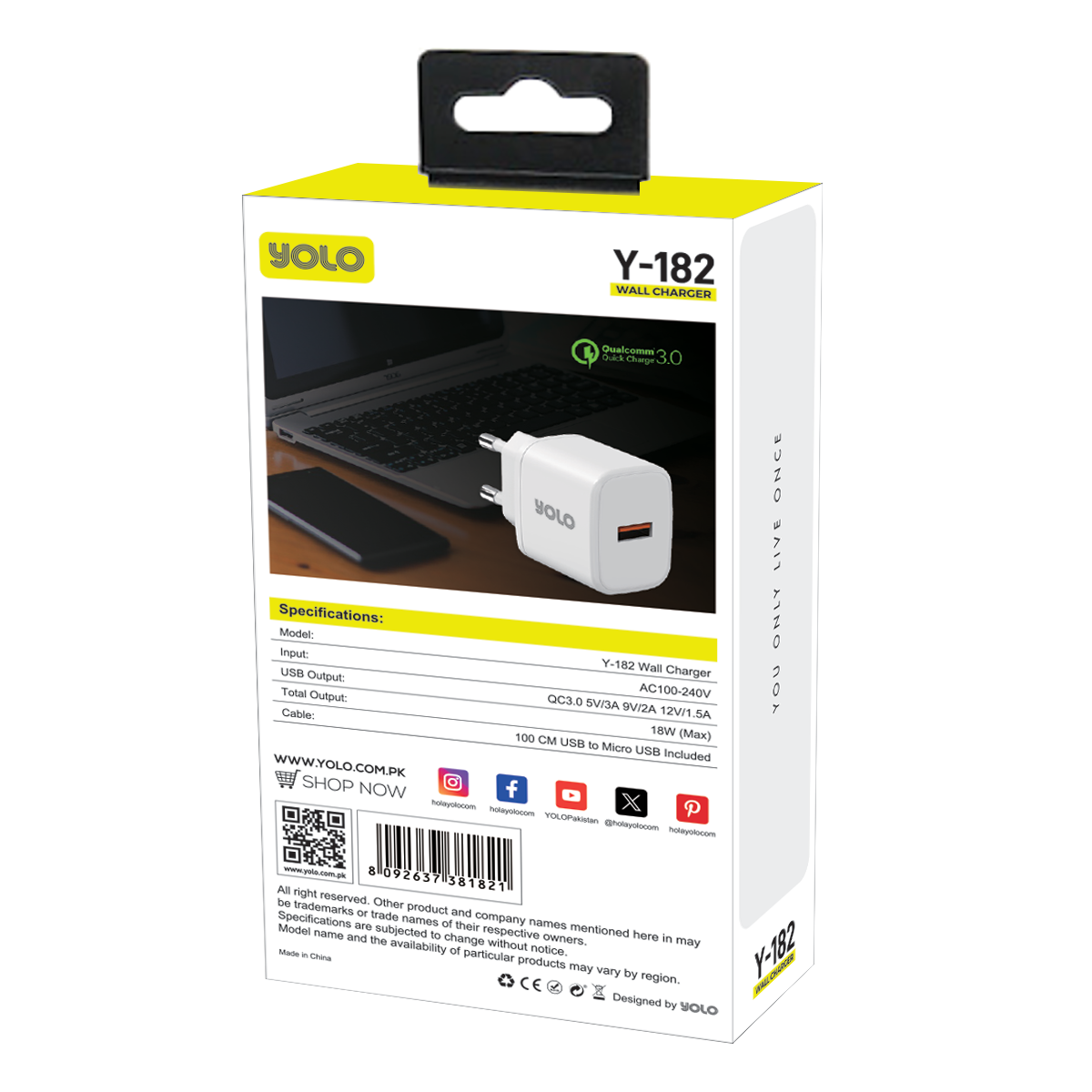 YOLO Y-182 Qualcomm 3.0 18W Fast Charger with Intelligent Chip Control