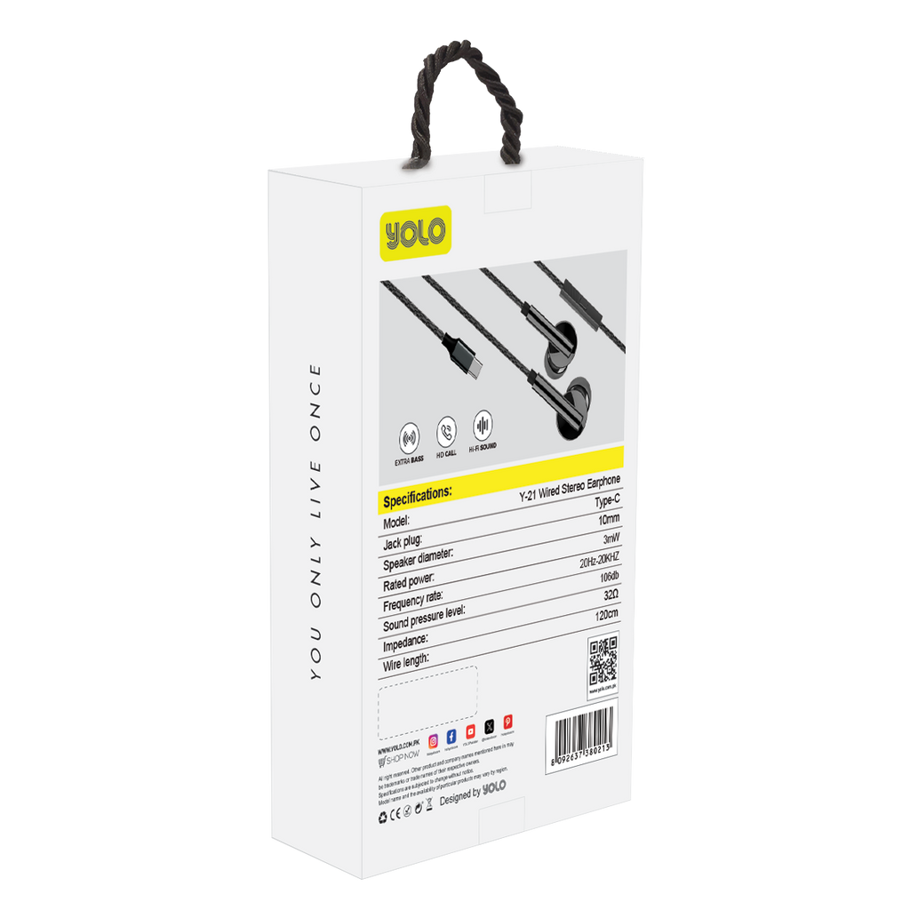 YOLO Y-21 Type-C Wired Stereo Earphones: Crystal Clear Audio, Deep Bass