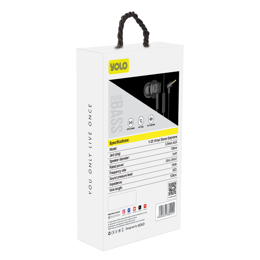 YOLO Y-25 Wired Stereo Earphones, AUX Pin, 10mm Driver, 47-inch Cable