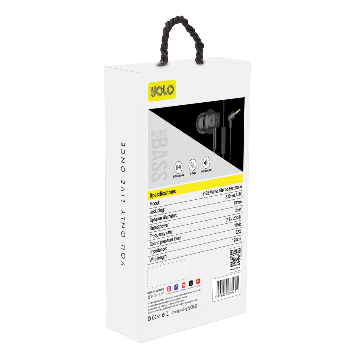 YOLO Y-25 Wired Stereo Earphones, AUX Pin, 10mm Driver, 47-inch Cable